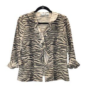 Vintage Animal Print Ruffled Blouse Women Medium Office 3/4 Sleeve V-neck Button